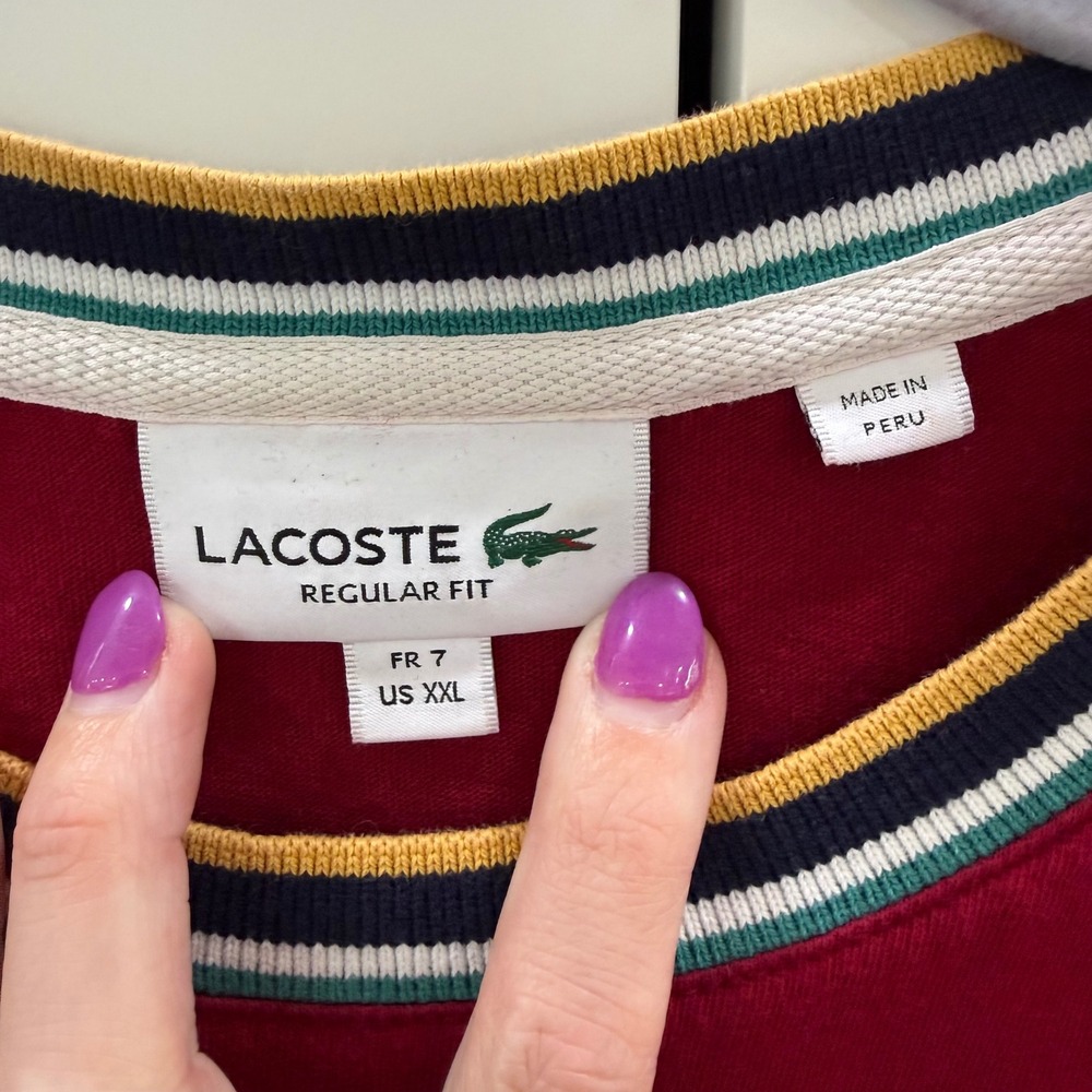 Lacoste Regular Fit XXL Red Knit Tee Striped Collar Crocodile Logo Tennis Preppy - Picture 4 of 8